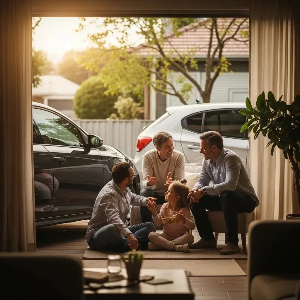 Family enjoying time at home with a car parked outside, symbolizing asset protection during Chapter 7 bankruptcy.