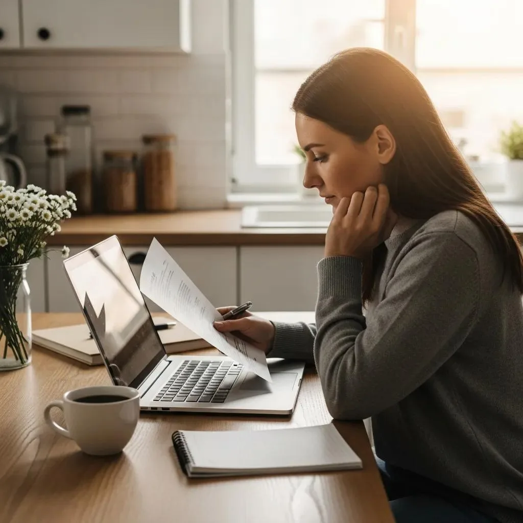 Cozy kitchen scene with a person reviewing financial documents and a laptop, symbolizing support in bankruptcy options