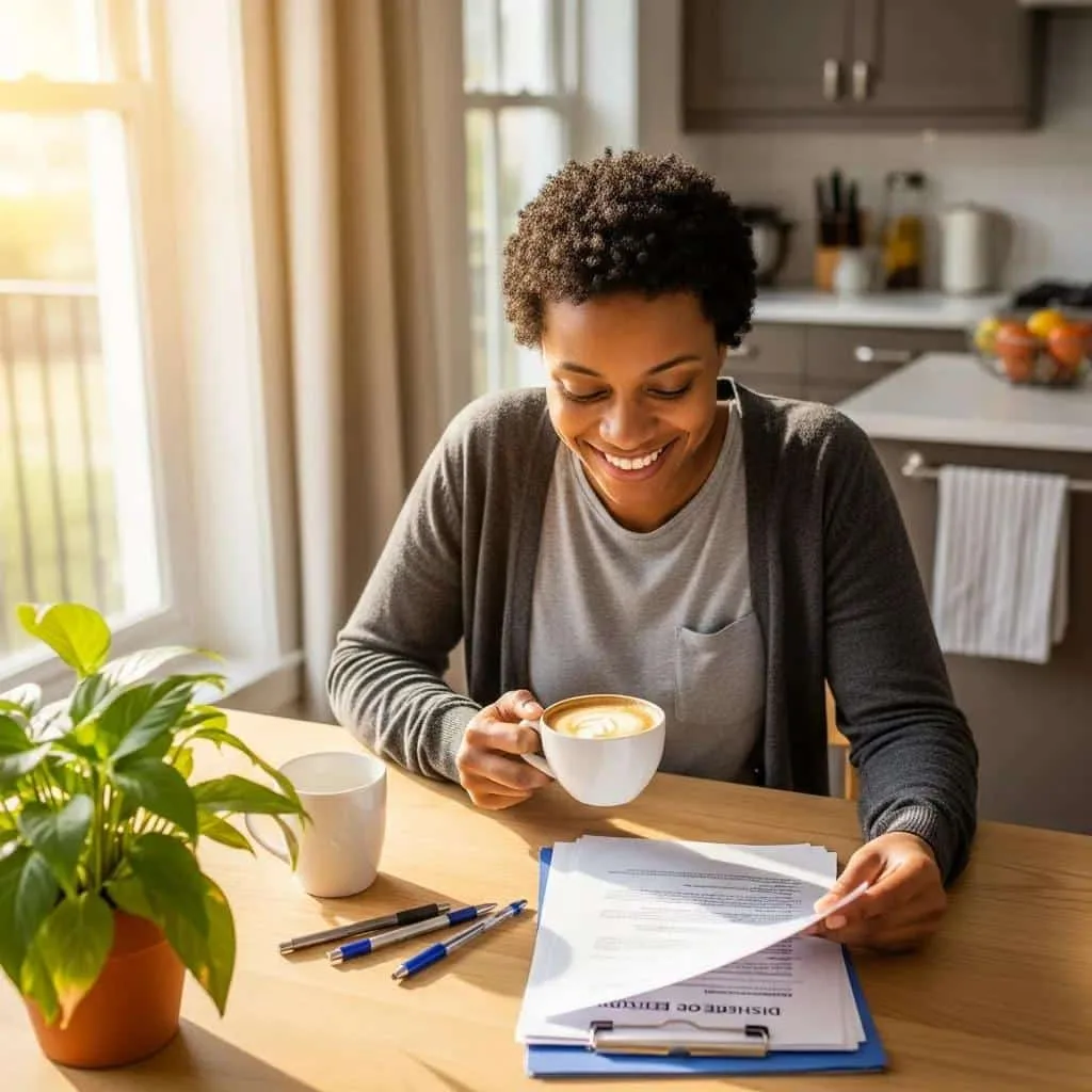 Relieved individual reviewing financial documents at a cozy kitchen table, symbolizing hope after bankruptcy, with coffee and a plant nearby.