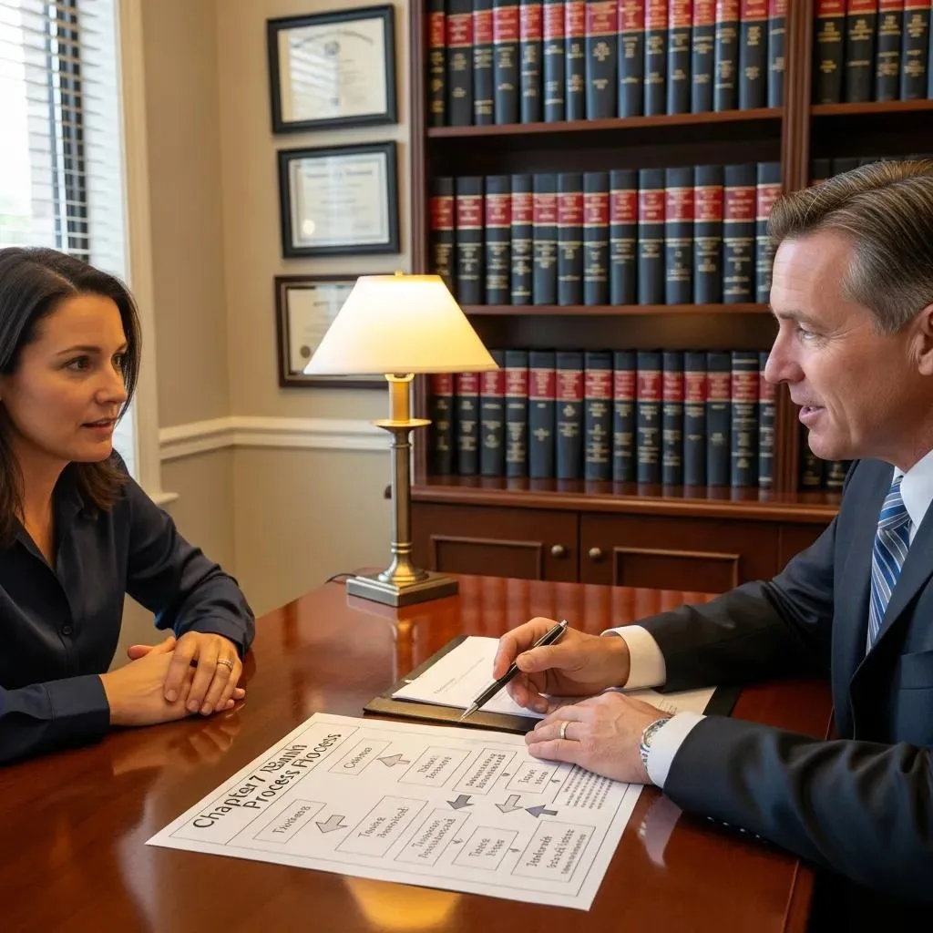 Professional consultation on Chapter 7 bankruptcy process in a warm office setting, featuring a lawyer discussing options with a client, and a flowchart outlining steps involved in bankruptcy filings.