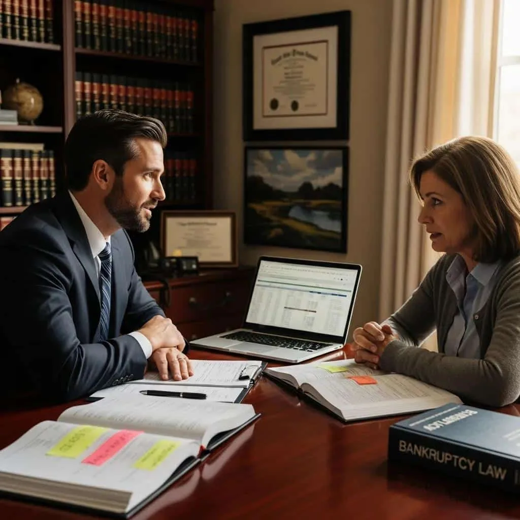 Bankruptcy lawyer advising a homeowner during a consultation, discussing foreclosure prevention strategies with legal documents and a laptop on the table.