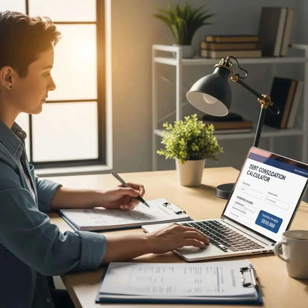 Individual reviewing debt consolidation options on a laptop at a desk, with a debt consolidation calculator displayed, surrounded by financial documents and a plant.