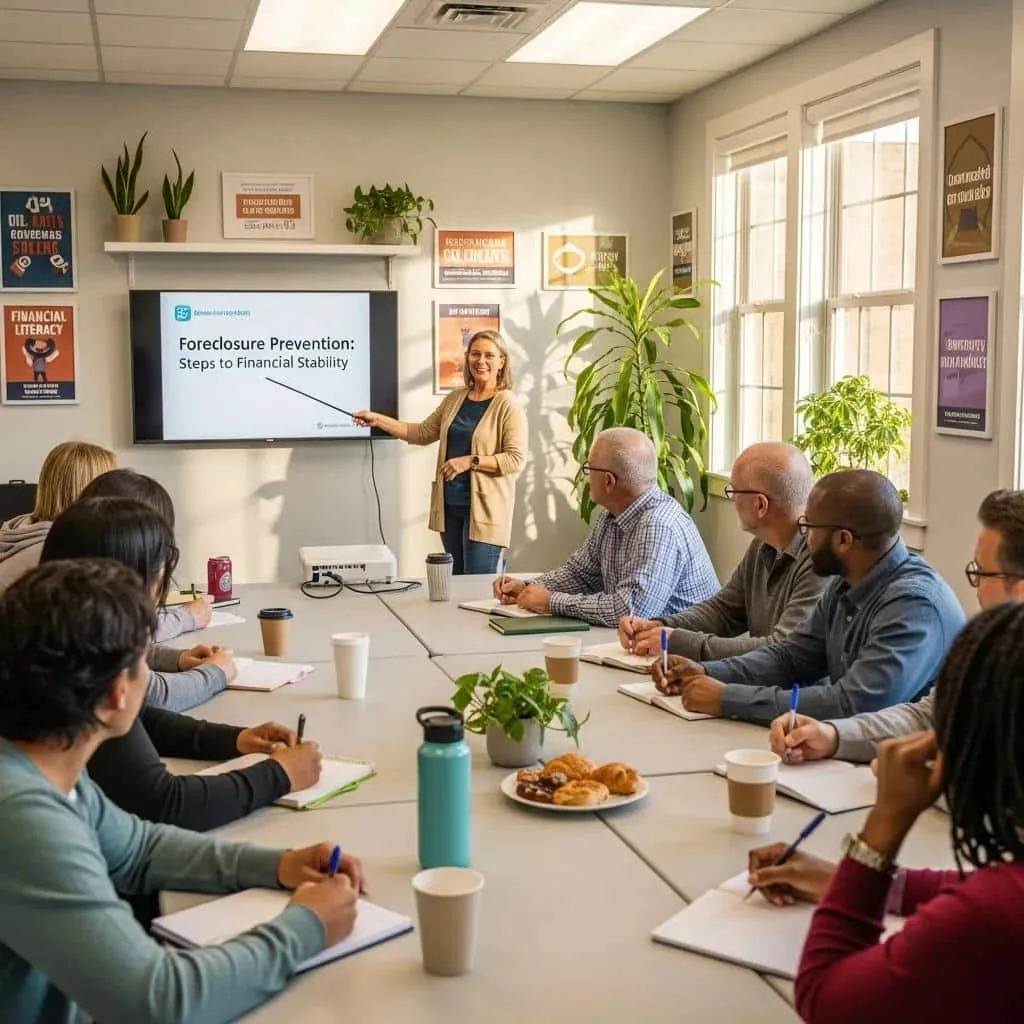 Workshop on foreclosure prevention strategies, presenter discussing financial stability, engaged audience, notes and refreshments on table, indoor setting with plants and educational posters.